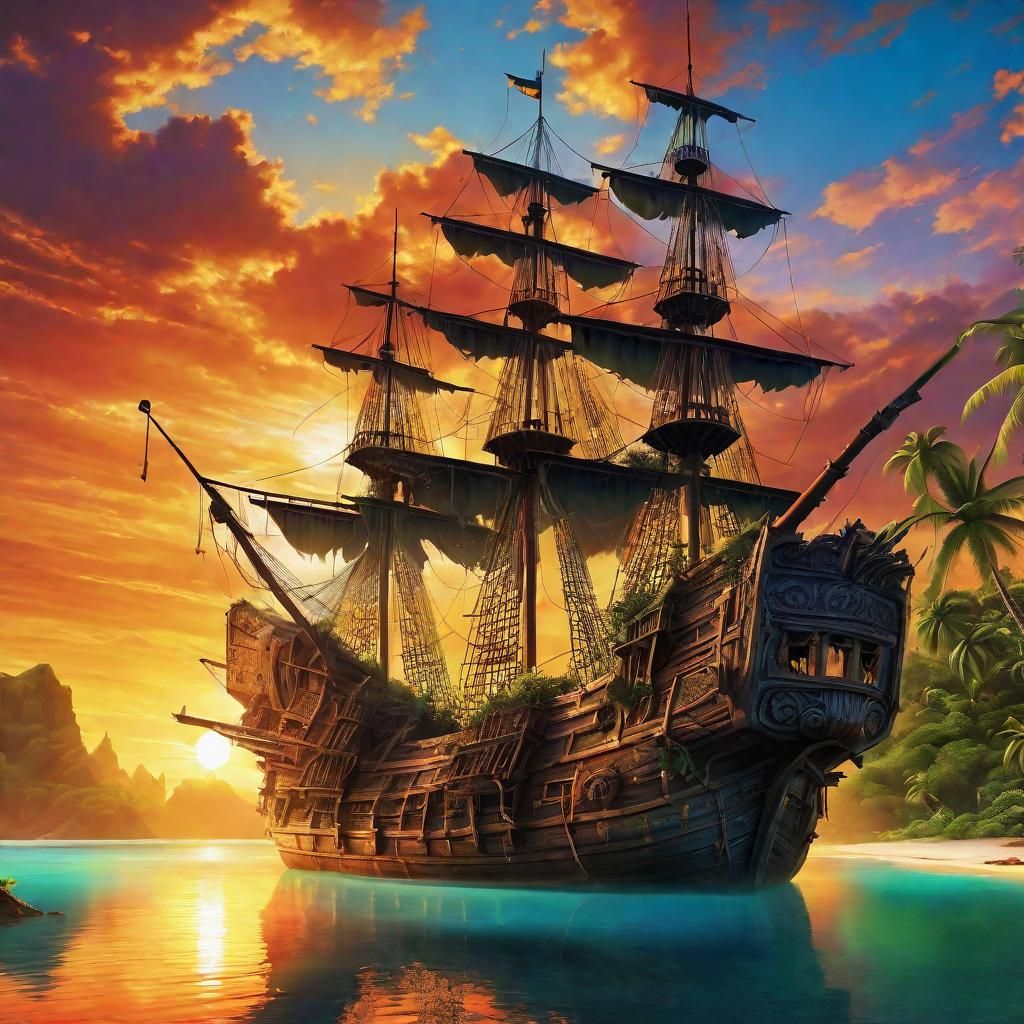 Abandoned Galleon at Sunset in Tropical Lagoon