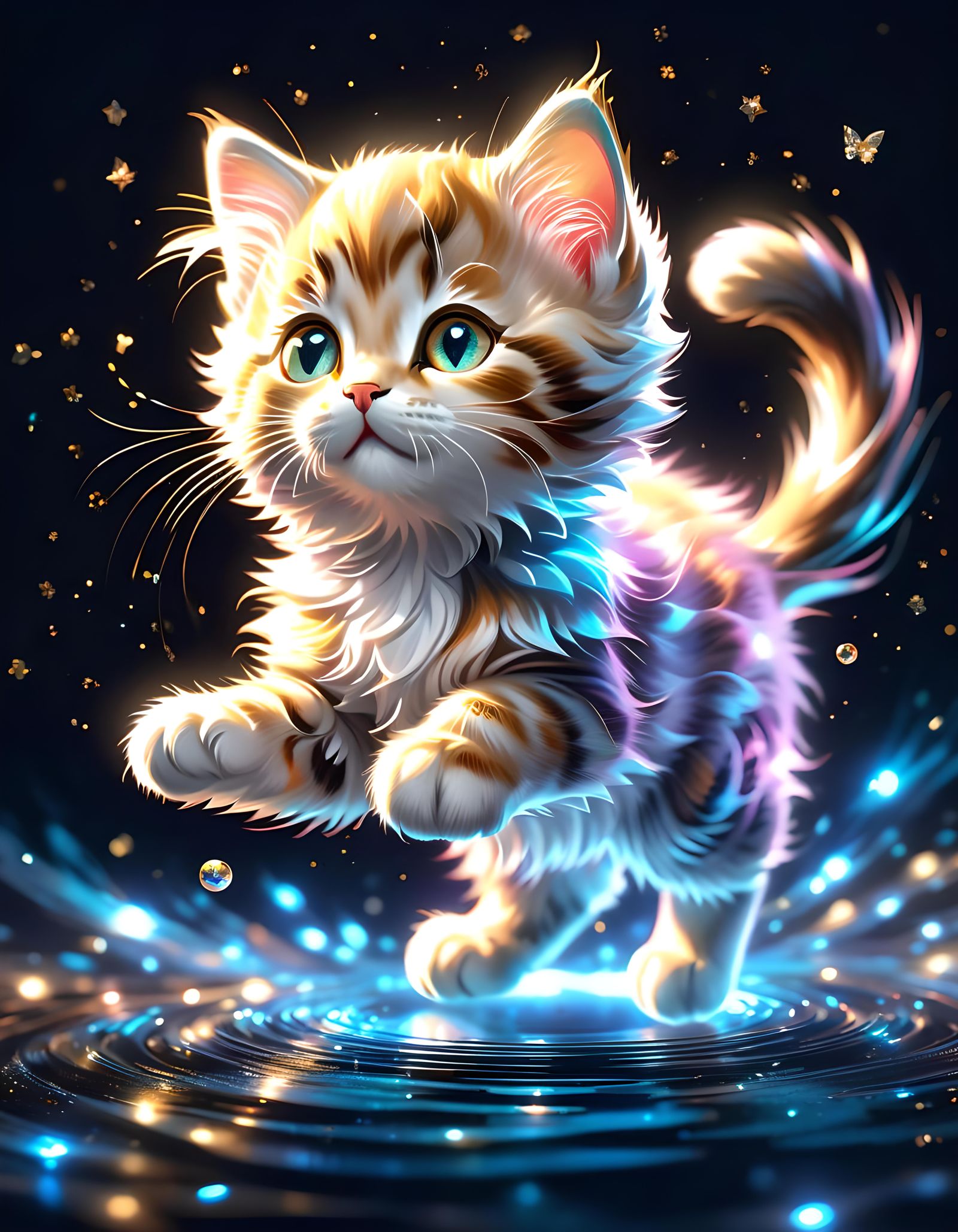 Weightless Kitten Radiates Magic in the Night
