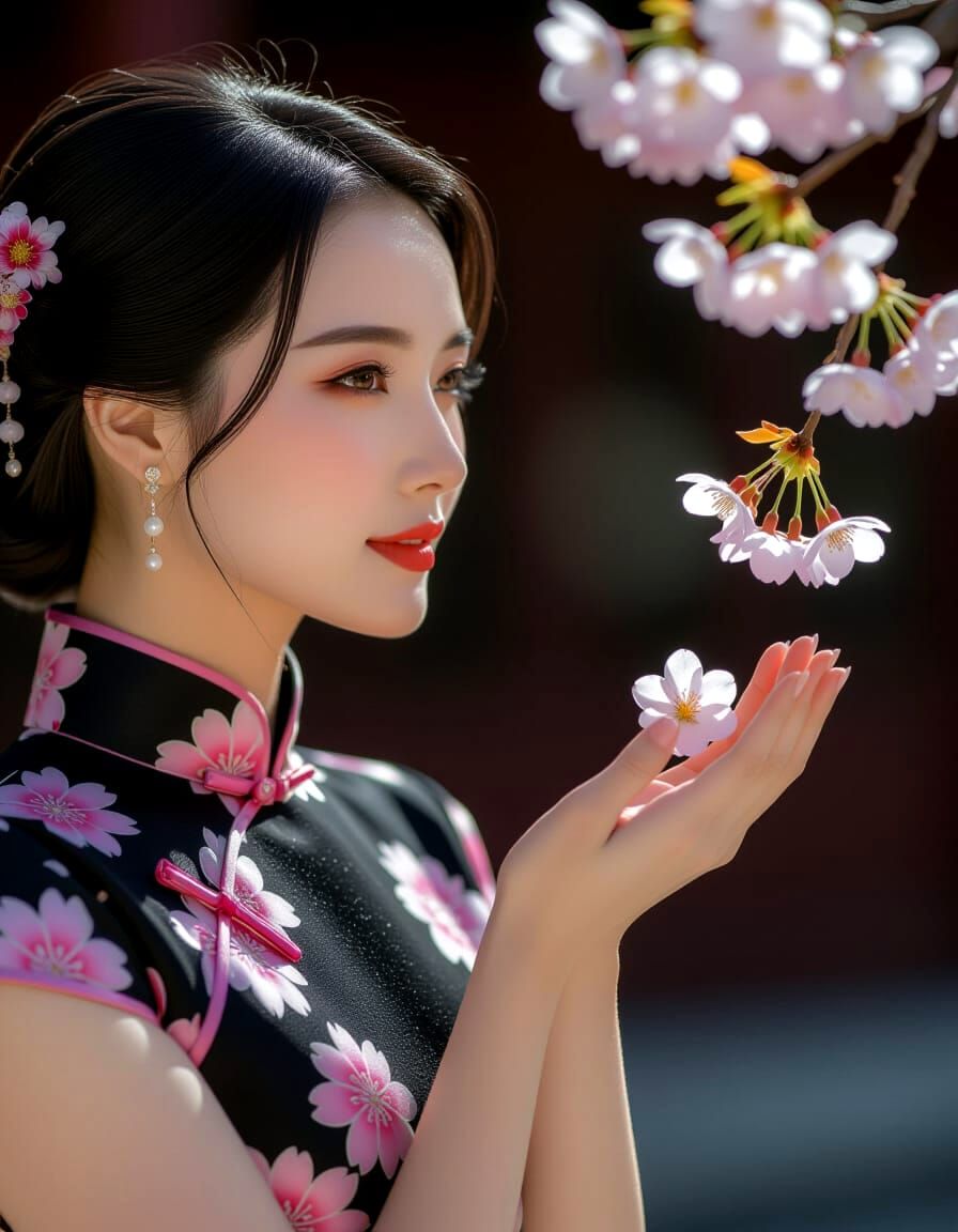 Woman in Cheongsam with Cherry Blossom