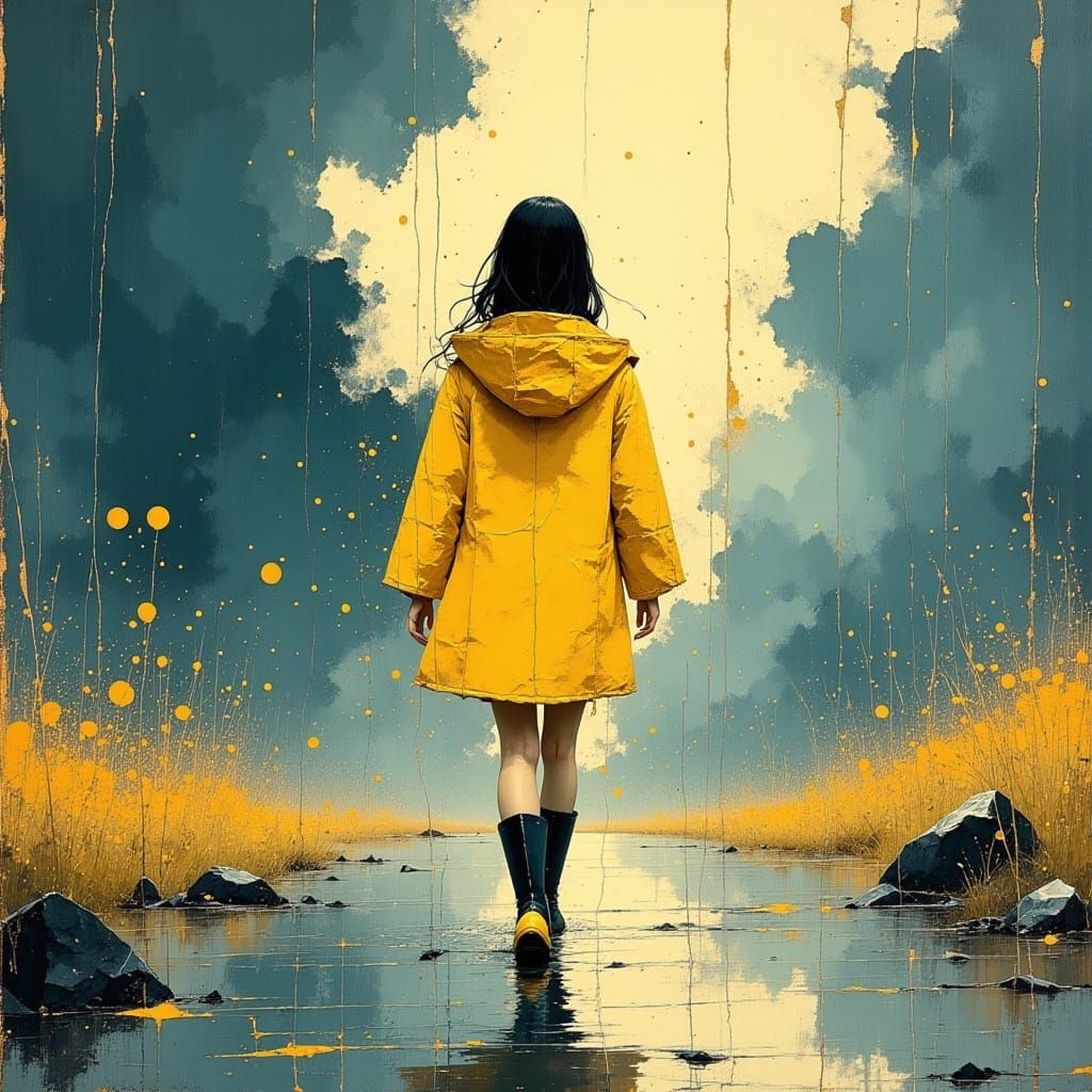 Hyperrealistic Woman Splashing in Rainy Puddles