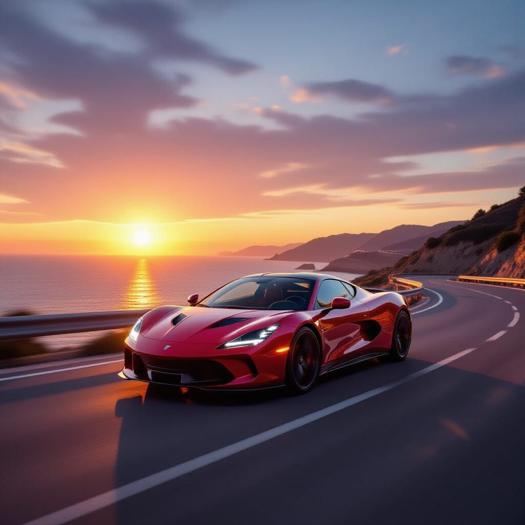 Red Sports Car Speeding on Coastal Highway at Sunset