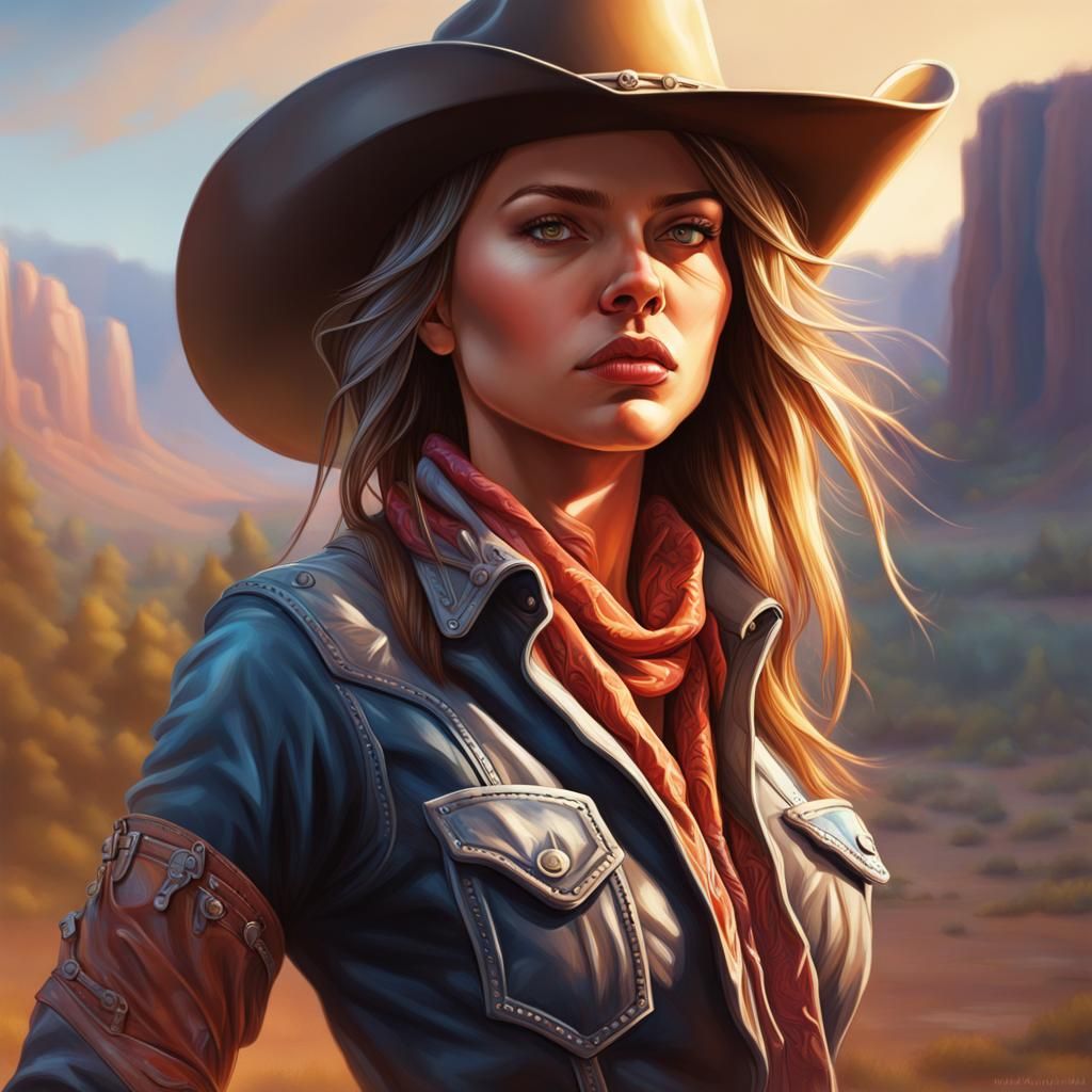 Hyperrealistic Cowgirl Portrait with Splash Art Background