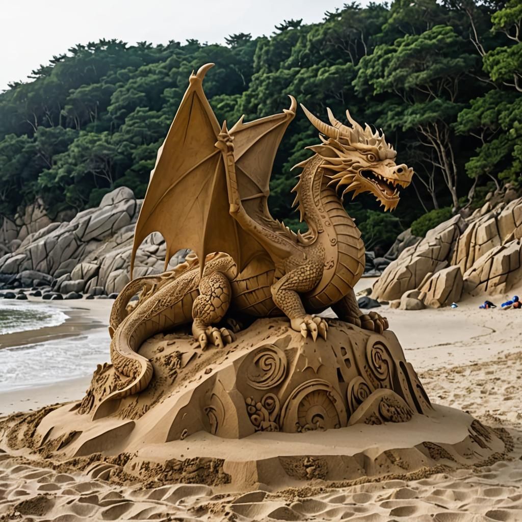 Dragon Sand Sculpture on Rocky Beach