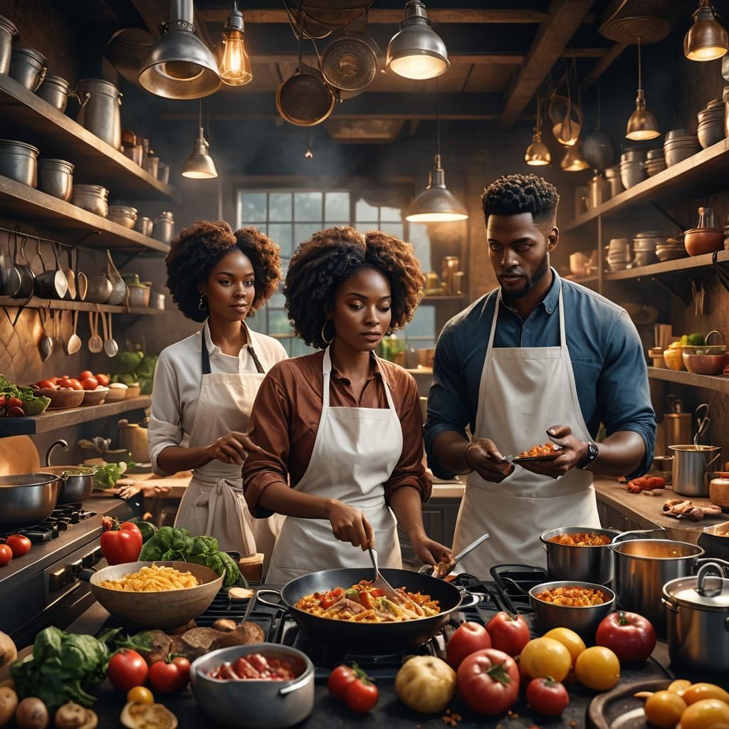 Mixed-Race Couple Cooking: Detailed Matte Painting