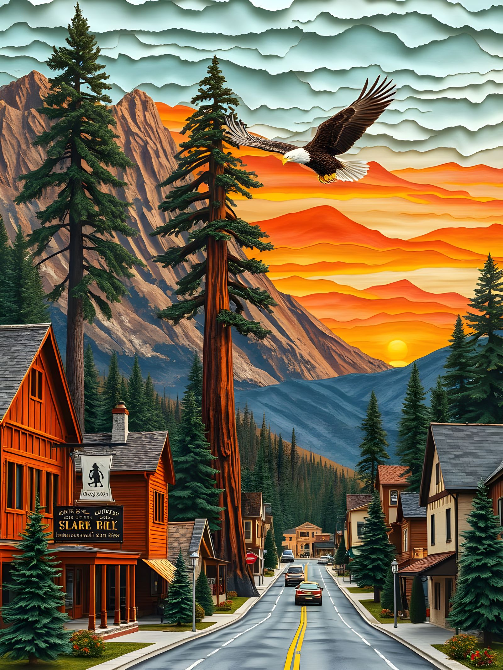 Vibrant Crepe Paper Mountain Town at Sunset