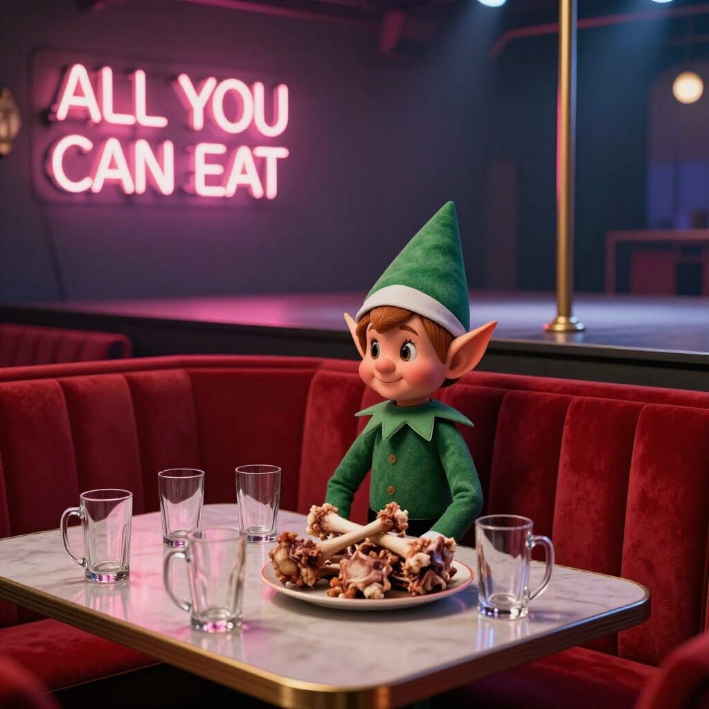 Elf Sits in Smoky Bar with Neon Sign