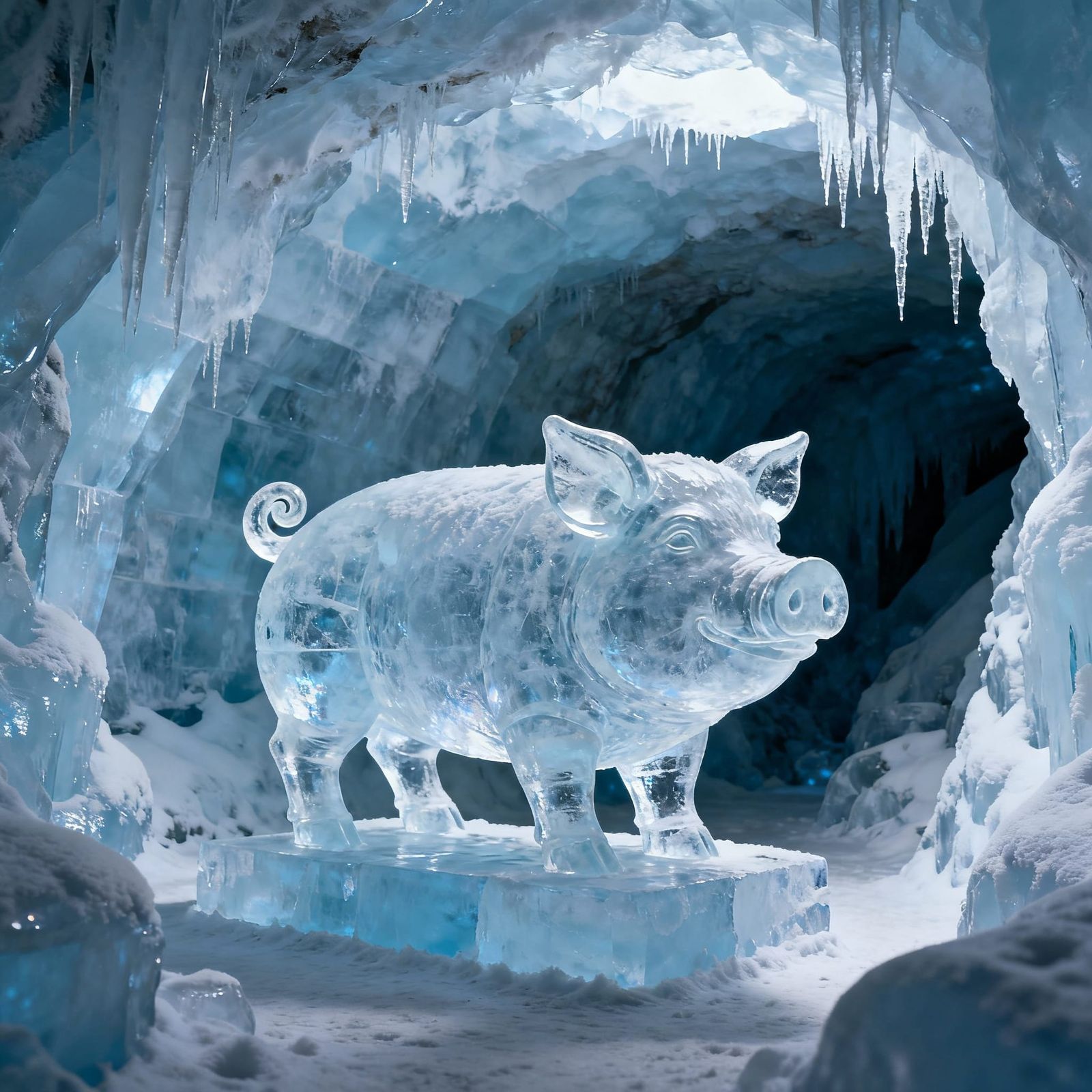 Beautiful Ice Pig Sculpture in Frozen Cave