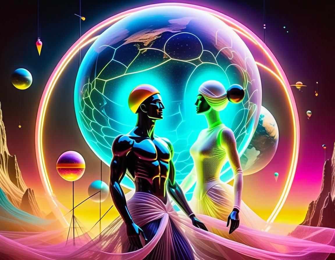 Ethereal Couple Floating Above Earth in Hylozoic Style