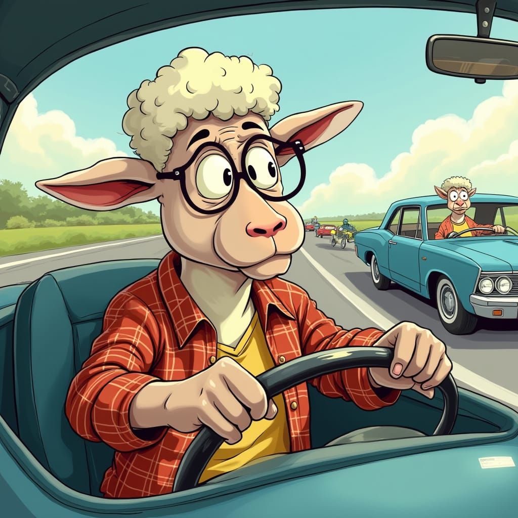 Worried Elderly Lamb Driving Vintage Car Cartoon