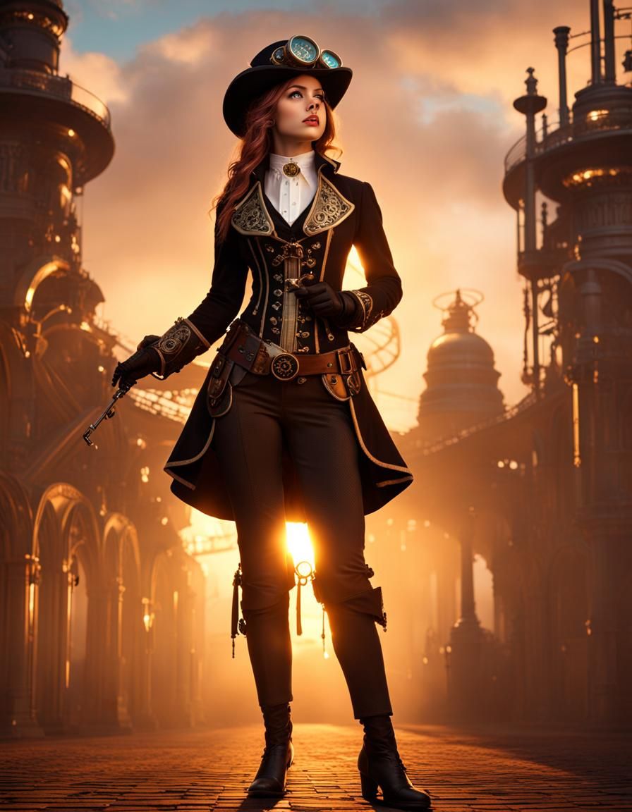 Steampunk Heroine in Magic Hour Light