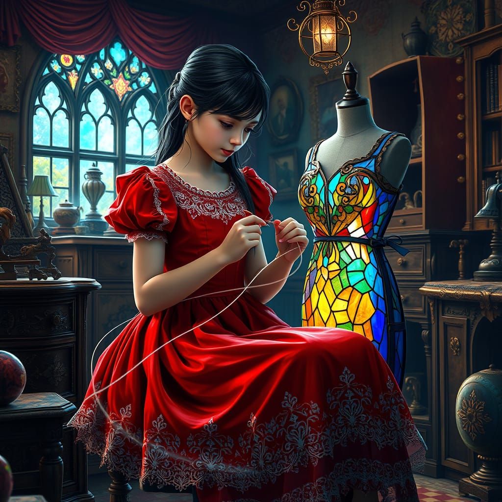 Whimsical Fantasy Art of a Girl Sewing a Stained Glass Gown