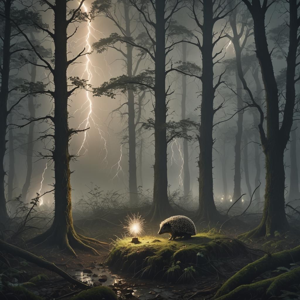 Eerie Hedgehog in Dark Forest with Lightning