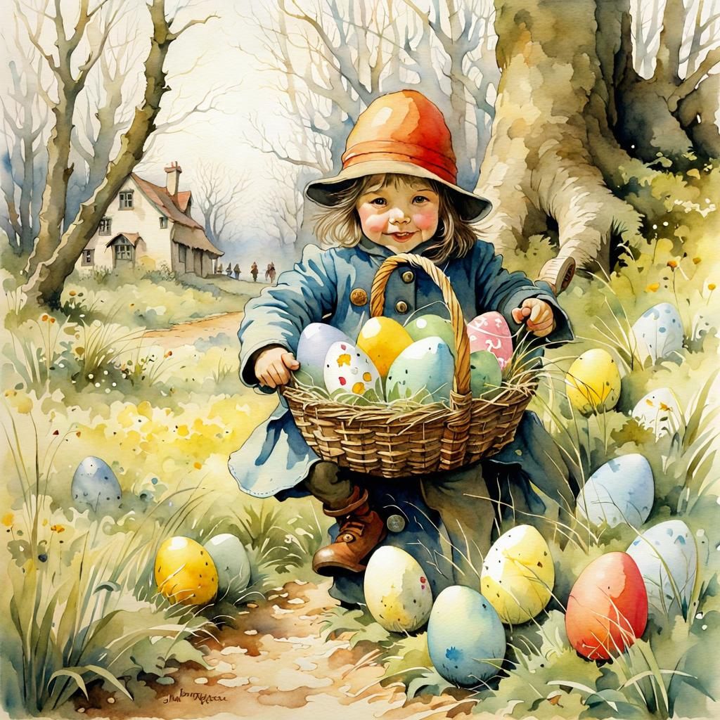 Colorful Easter Egg Hunt in Watercolor Style