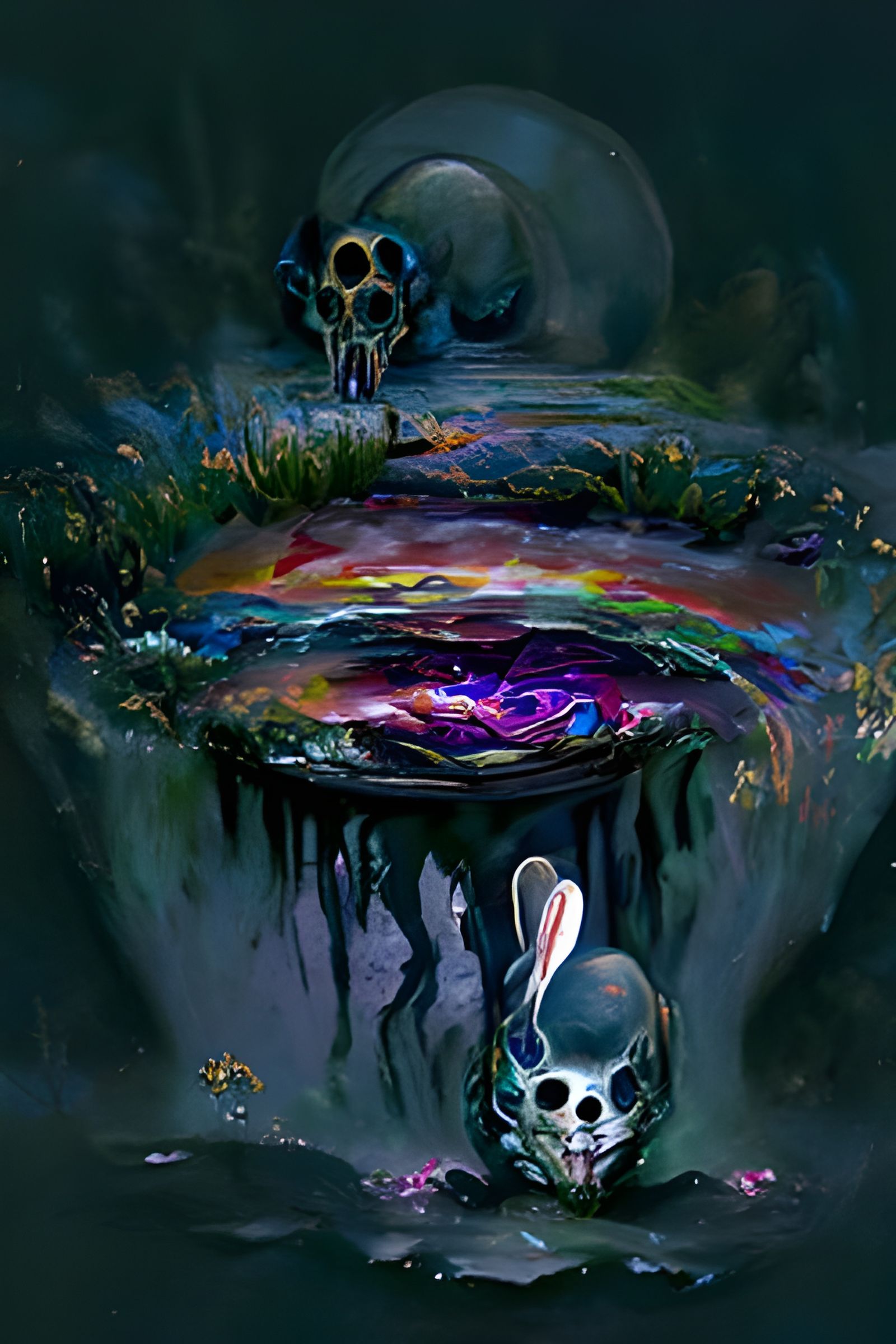 Cosmic Skulls in Rivers of Sorrow, Watercolor Painting