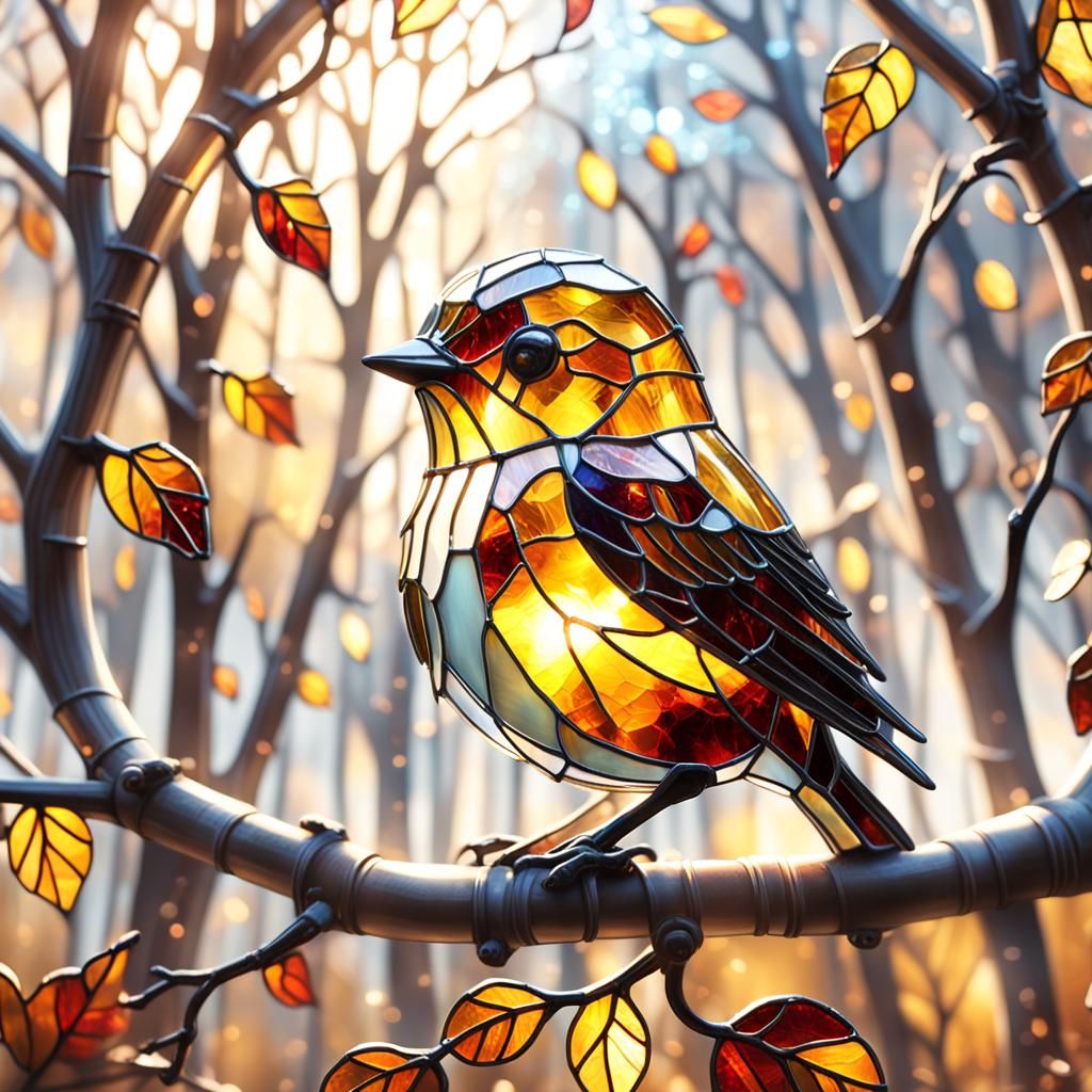 Stained Glass Amber Bird in Autumn Sunlight