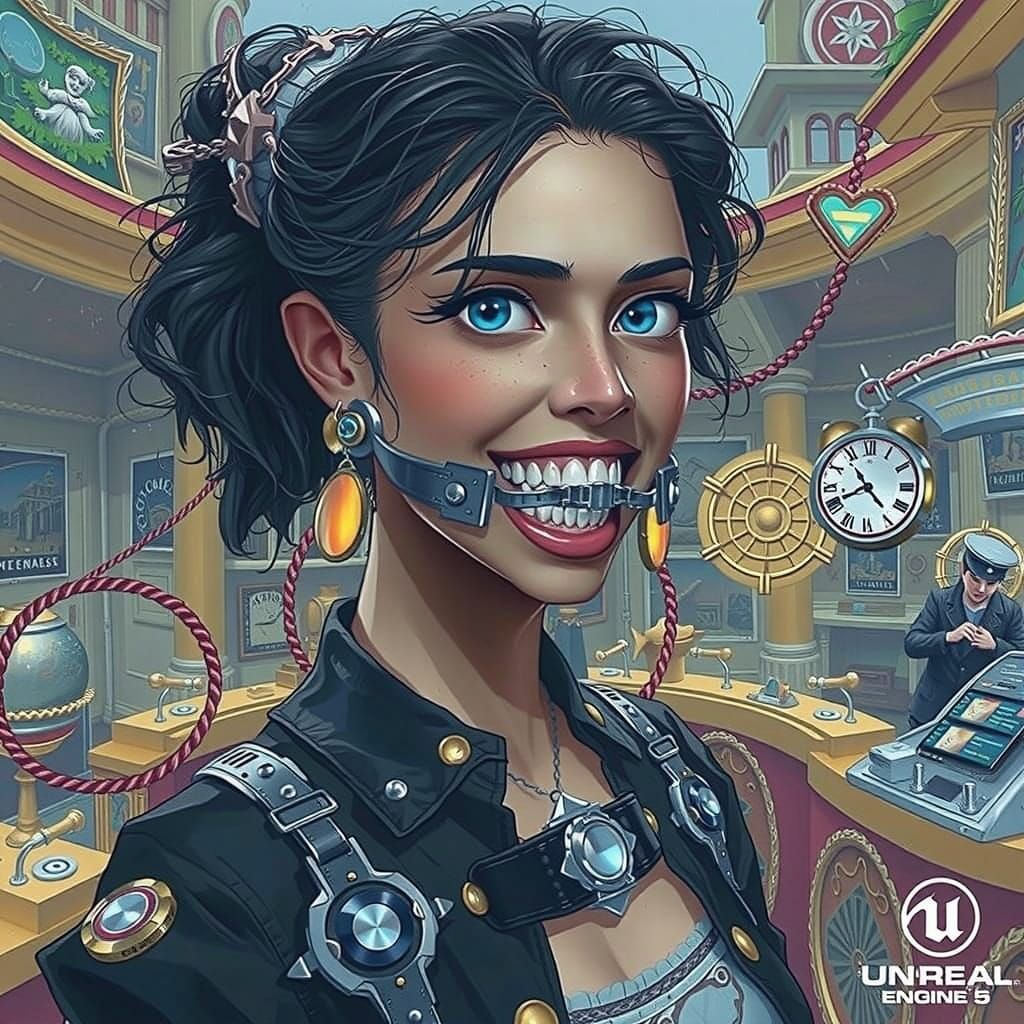 Woman with Intricate Metal Mouth Gag in Deep Fantasy Scene