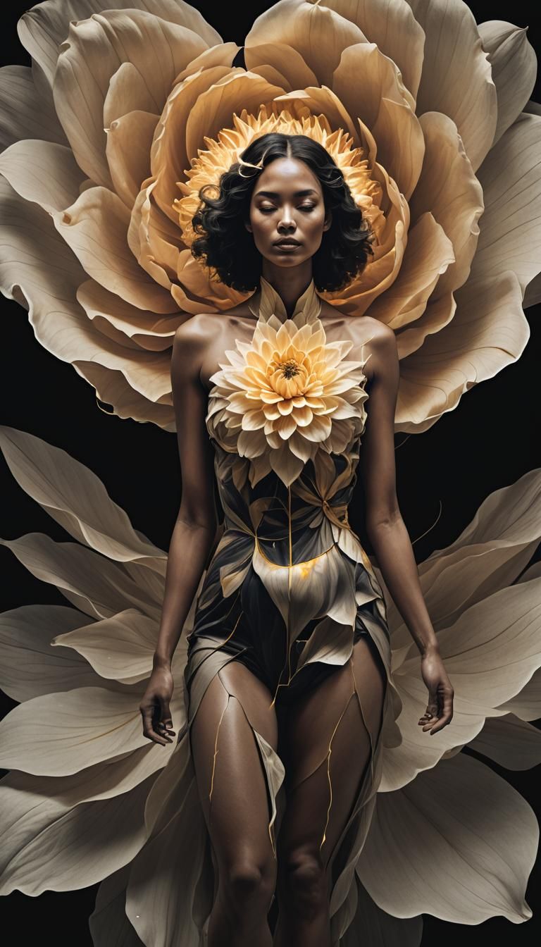 Surreal Goddess of Nature in Floral Form, Adorned with Golde...