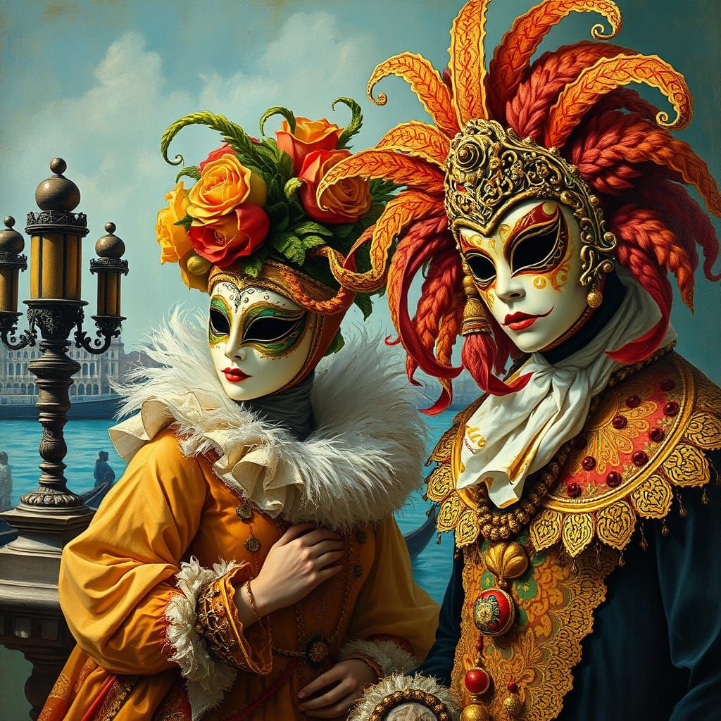 Festival: Venice-Italy, Masks, Costume, Resplendent, Impasto Oil, Gustav Klimt, Alphonse Mucha, ornate, vibrant, detaile...