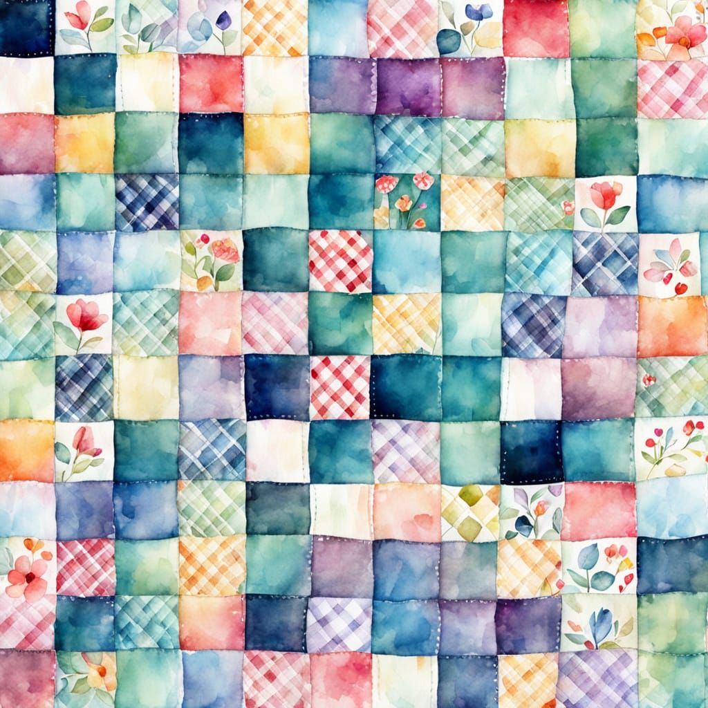 Whimsical Watercolor Patchwork Quilt with Fantasy Pictures