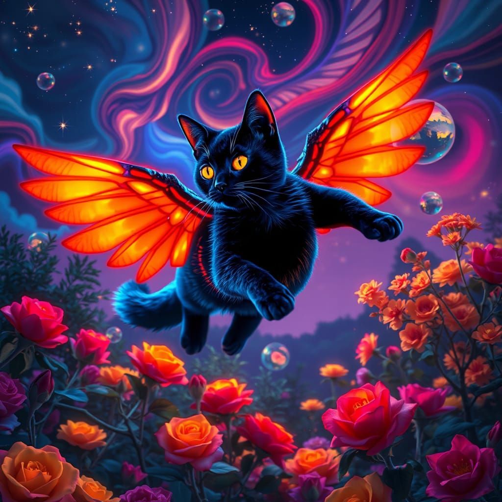 Winged Cat Soaring Through Bioluminescent Garden