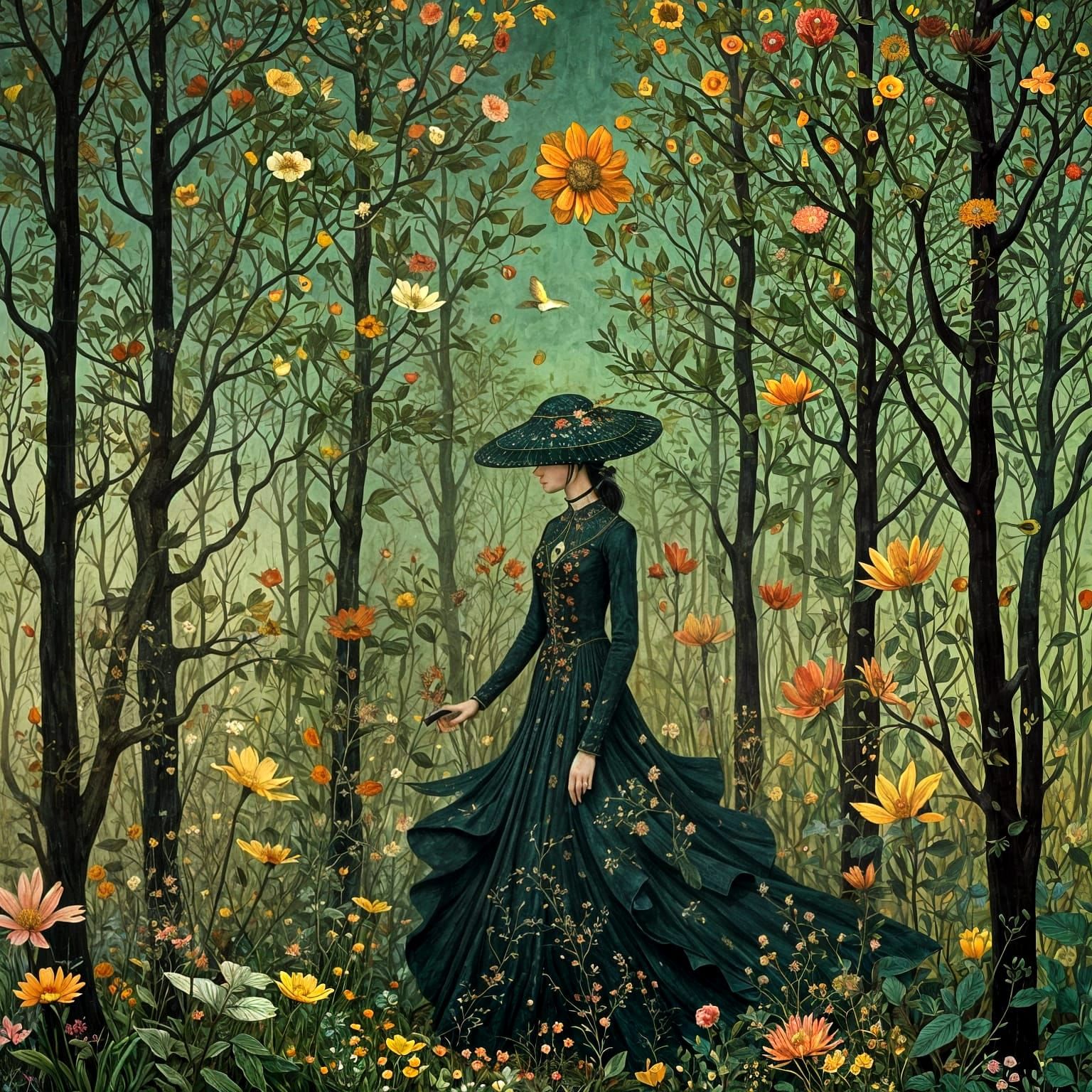 Lady in a Whimsical Garden: Maximalist Watercolor Art