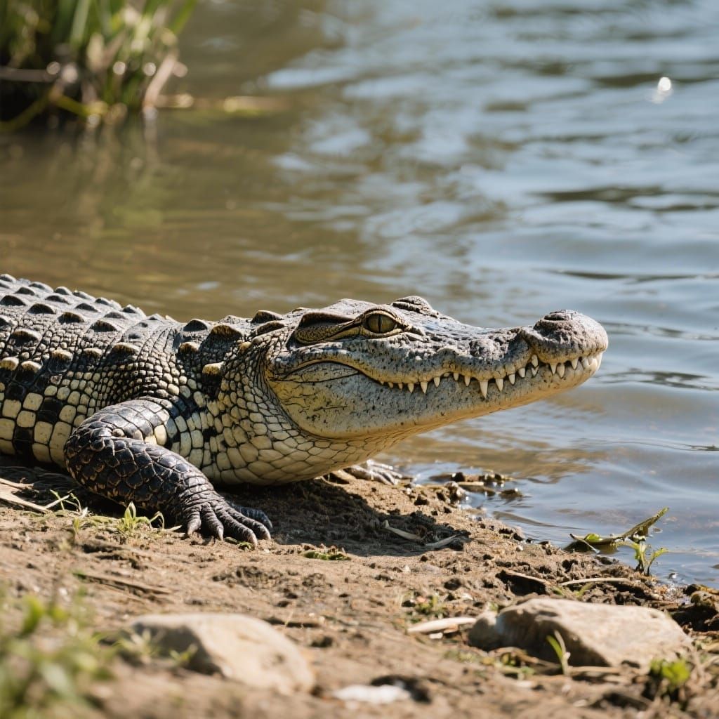 Large Crocodile Basking on Riverbank