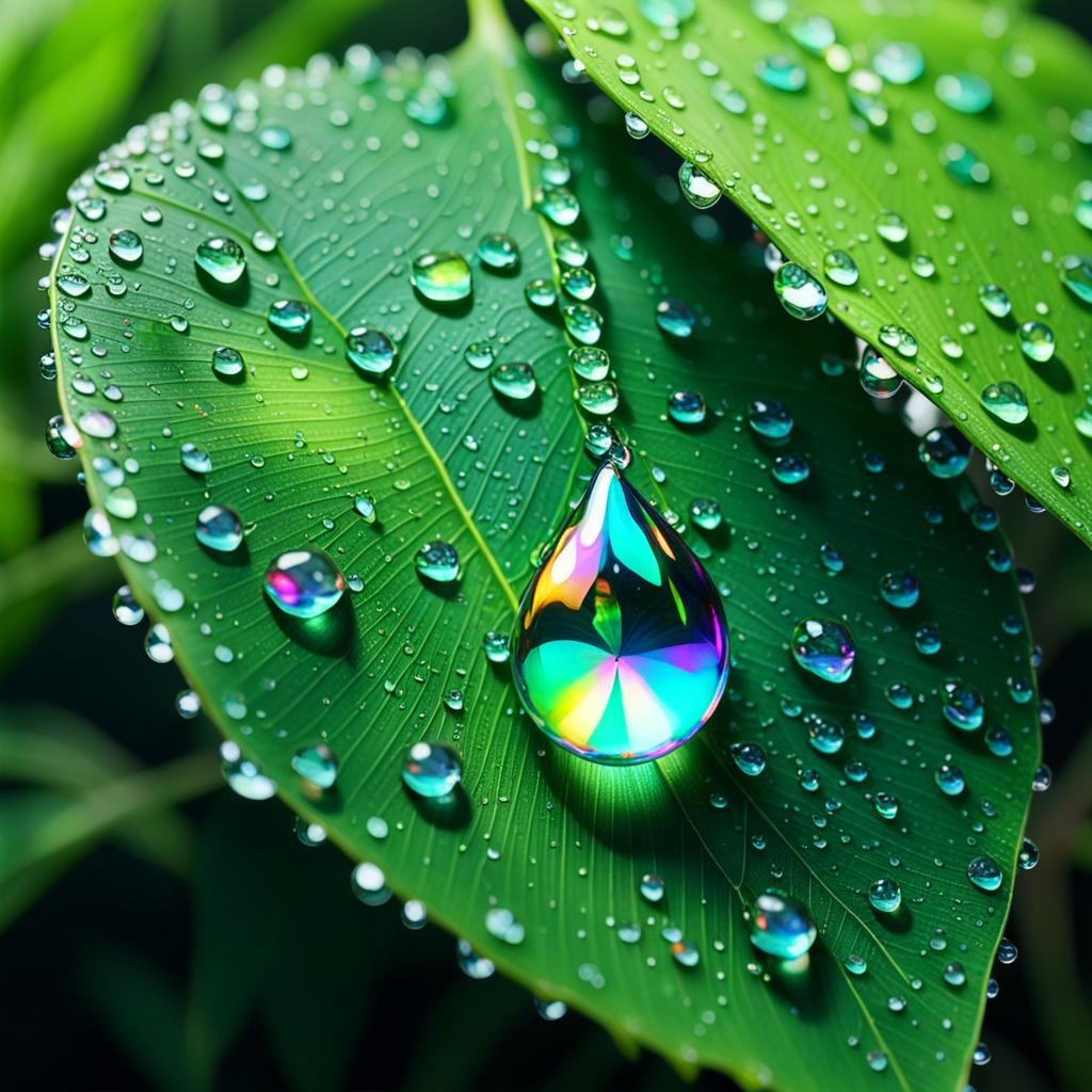 Iridescent Dew Drop on Leaf in Hyperrealistic Detail