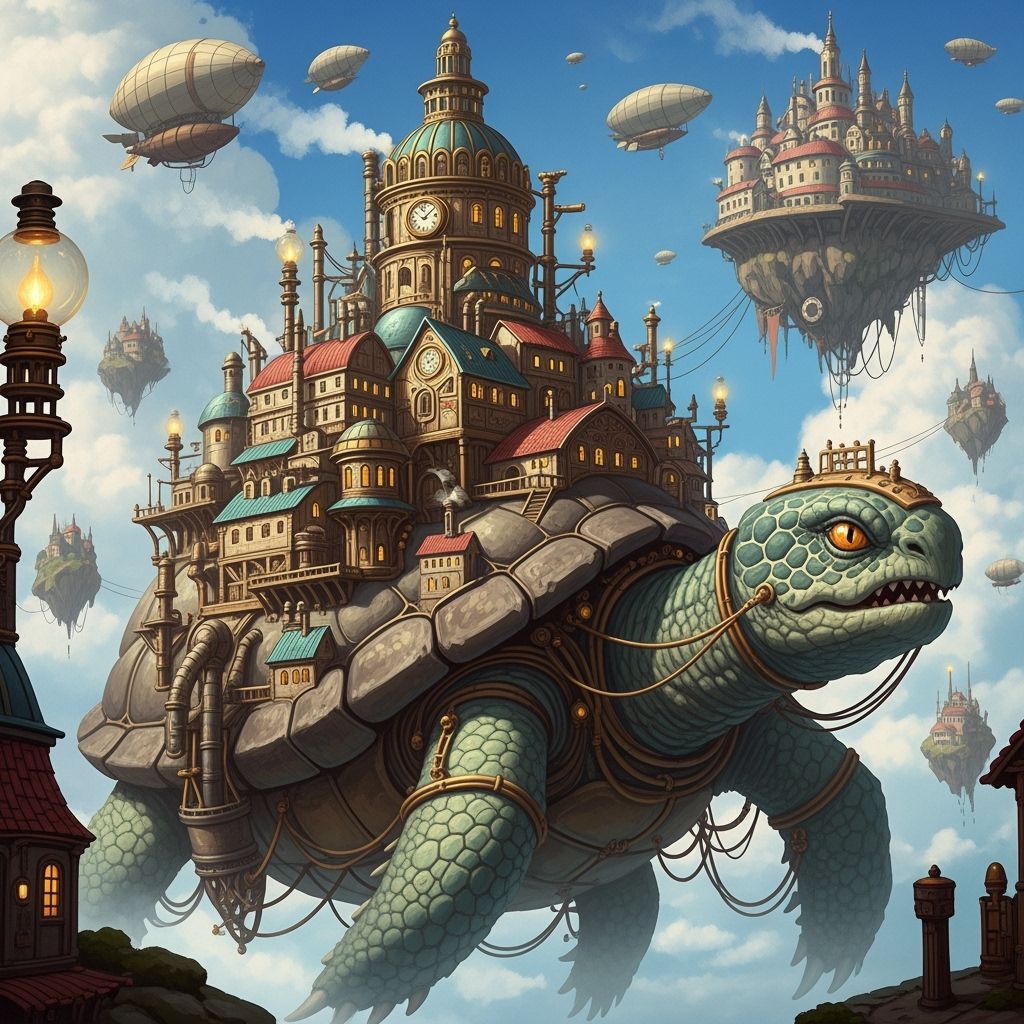 Steampunk City on Giant Turtle in Sky