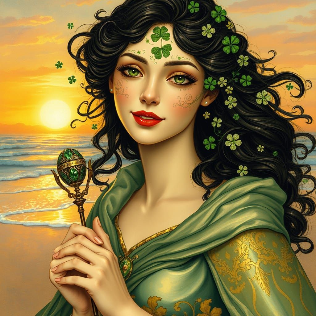 A woman with an enigmatic smile in a green and gold gown