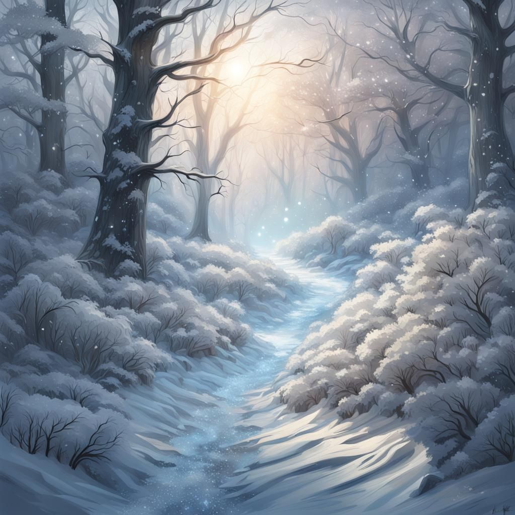 Magical Winter Forest Scene with Glowing Frost