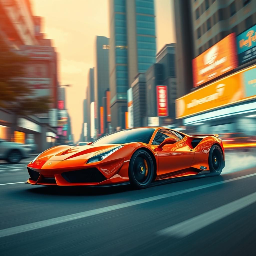 Ferrari Speeding Through Seoul at Sunset