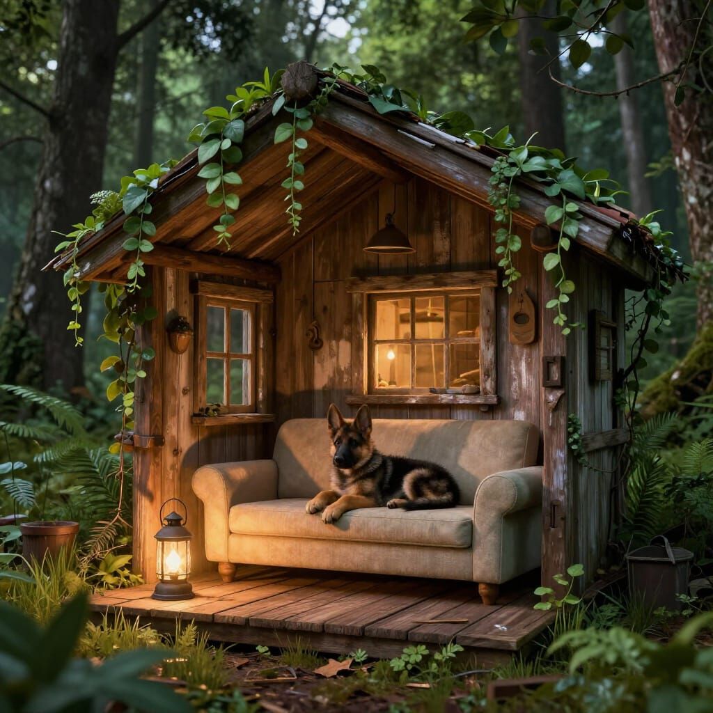 Abandoned Forest Cabin with Puppy, Lit Lantern