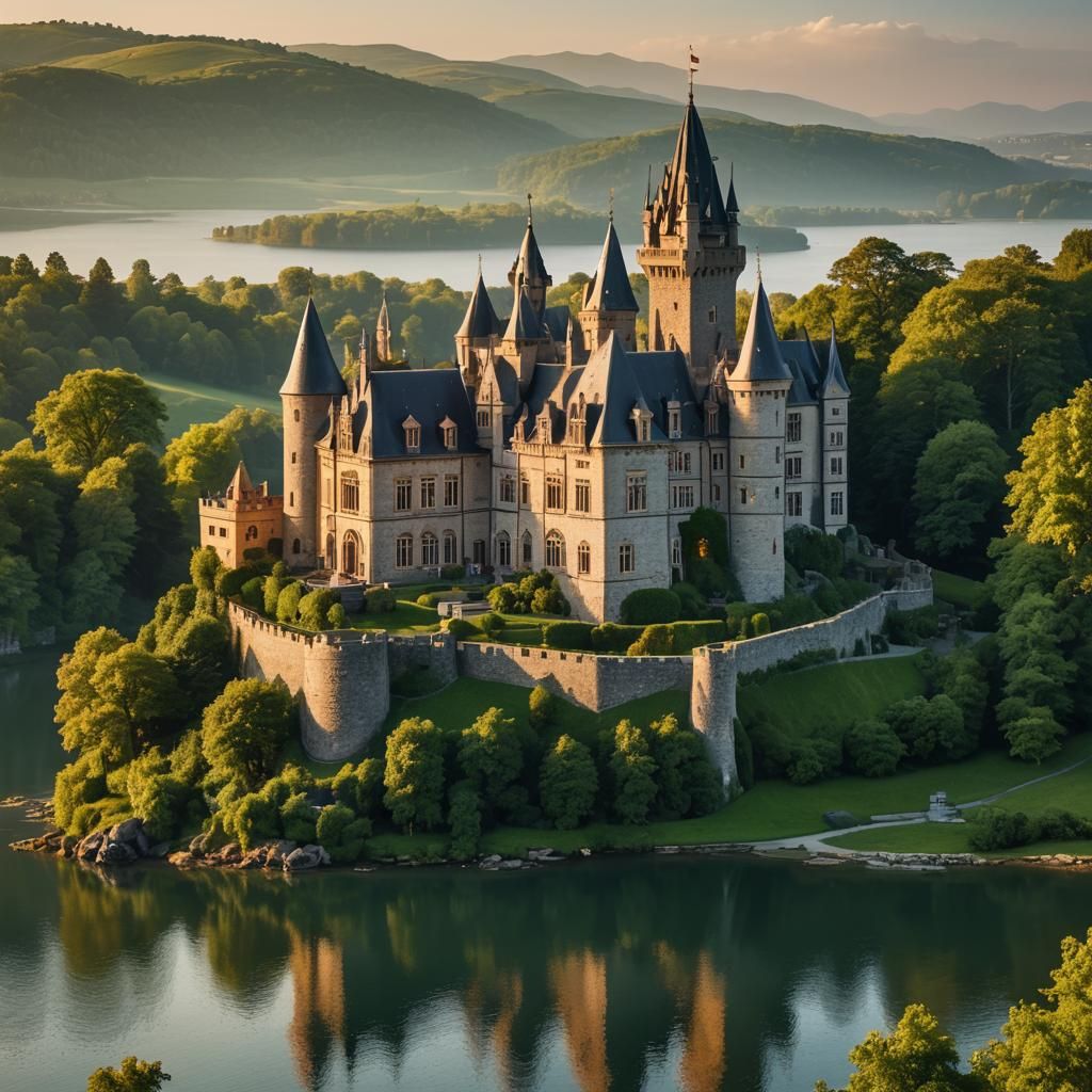 Grand Castle Overlooking Serene Lake at Sunset