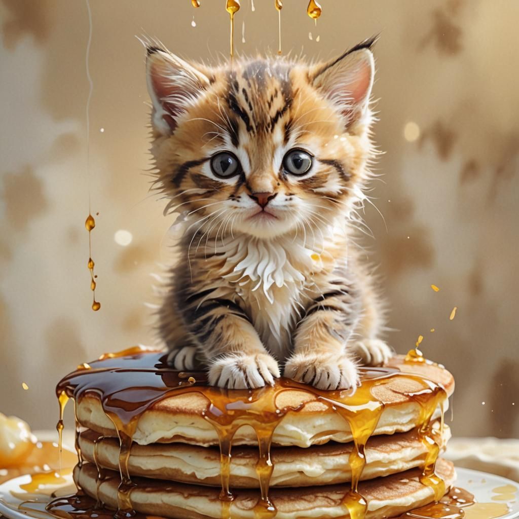 Kitten Covered in Syrup Sits on Pancake
