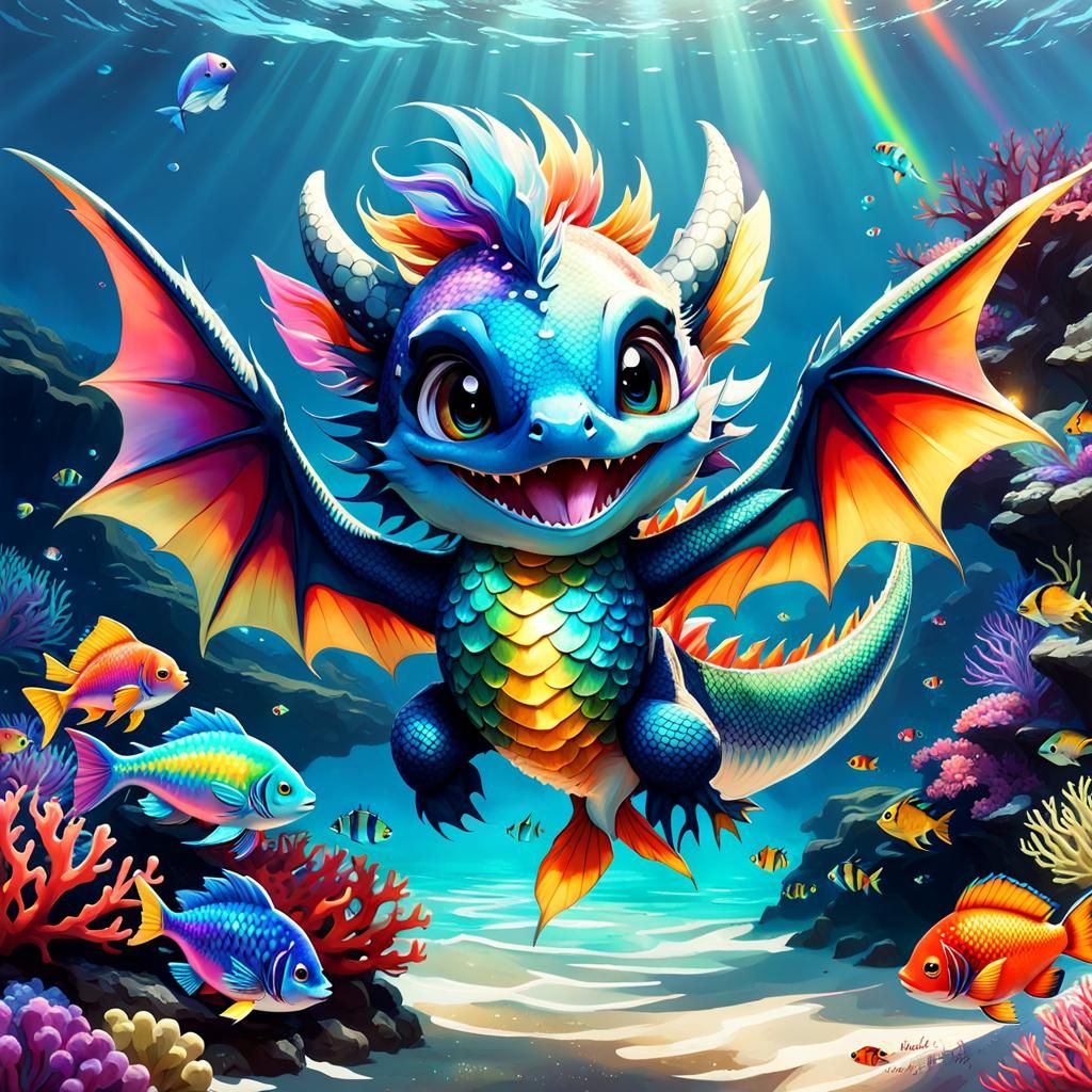 Chibi Dragon Playing Above Coral Reef