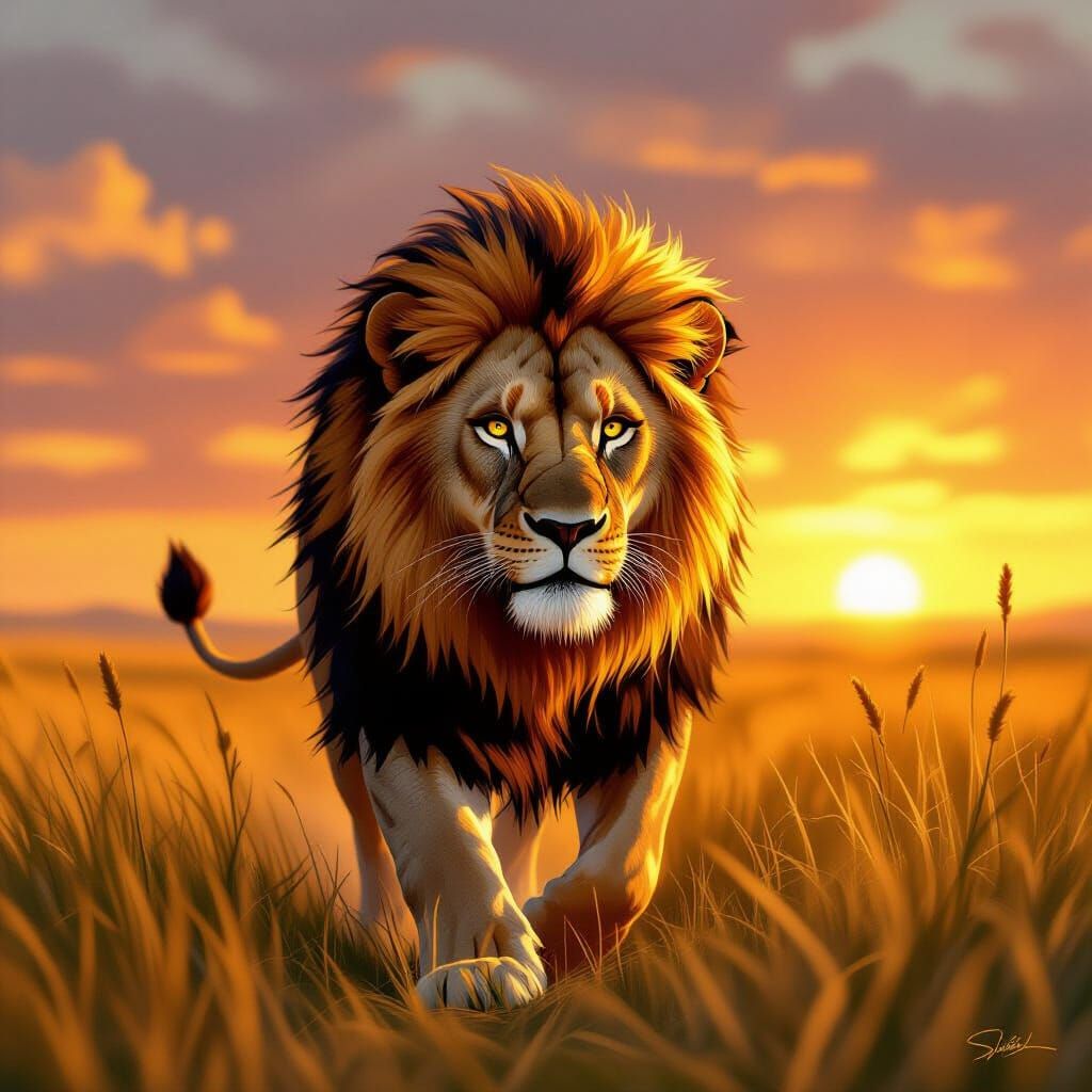 Lion Stalking Savannah Grasslands in Golden Light
