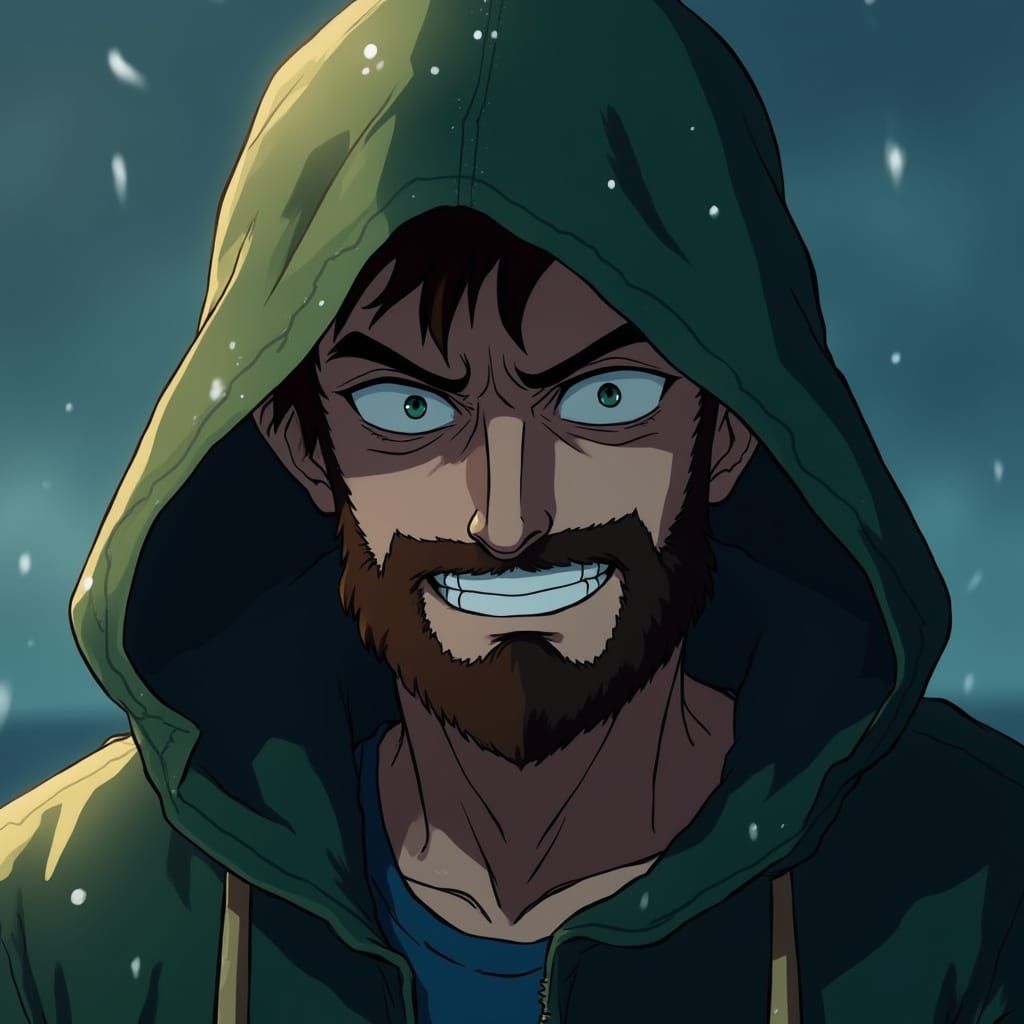 Manga-Inspired Fisherman in Dark Green Rain Coat