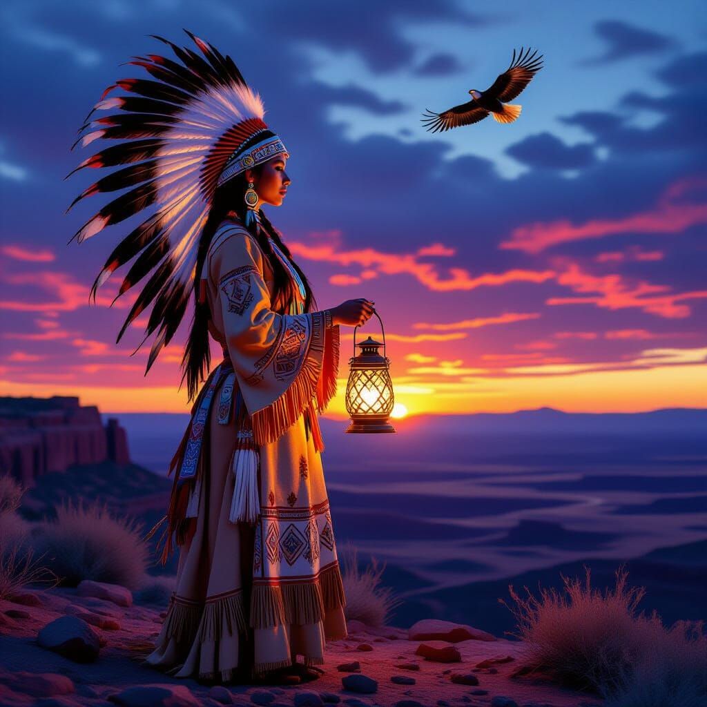 Native American Woman with Glowing Lantern
