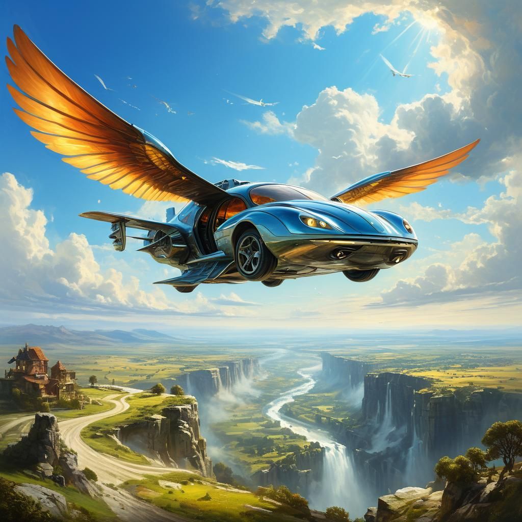 Winged Car Soaring Over Country, Oil Painting
