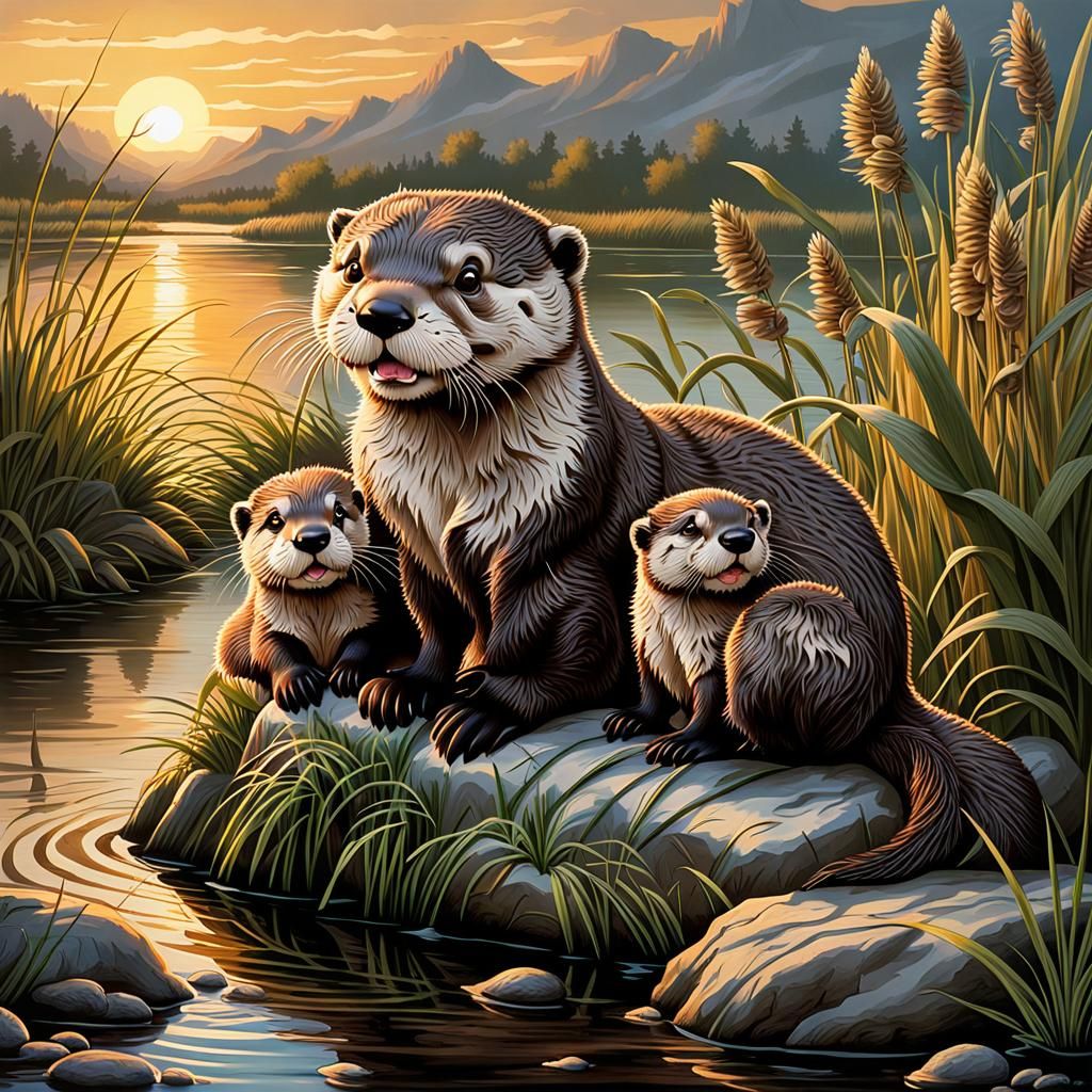 Happy Otter Family in River, Hand-Drawn Illustration