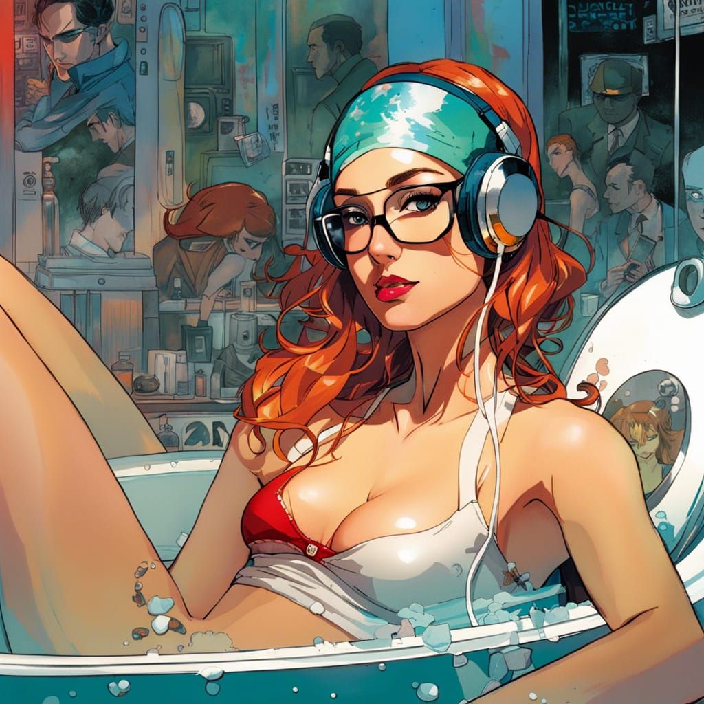 Anime Ink Portrait of Woman Listening to Music