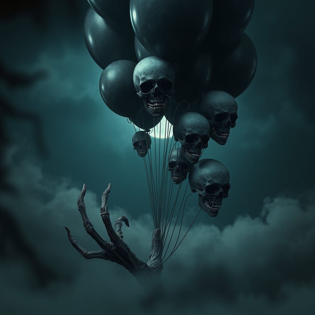 Dark Fantasy Scene with Intertwined Skulls and Balloons in R...