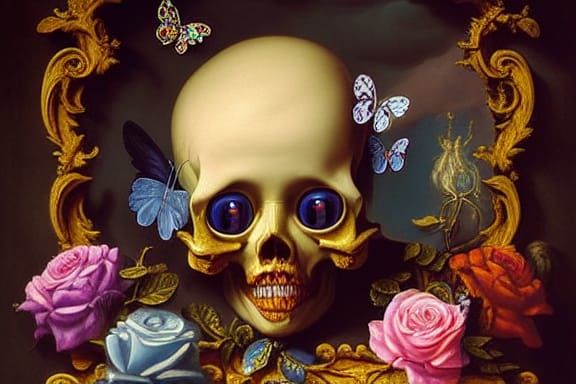 Baroque Doll Head with Roses and Butterflies