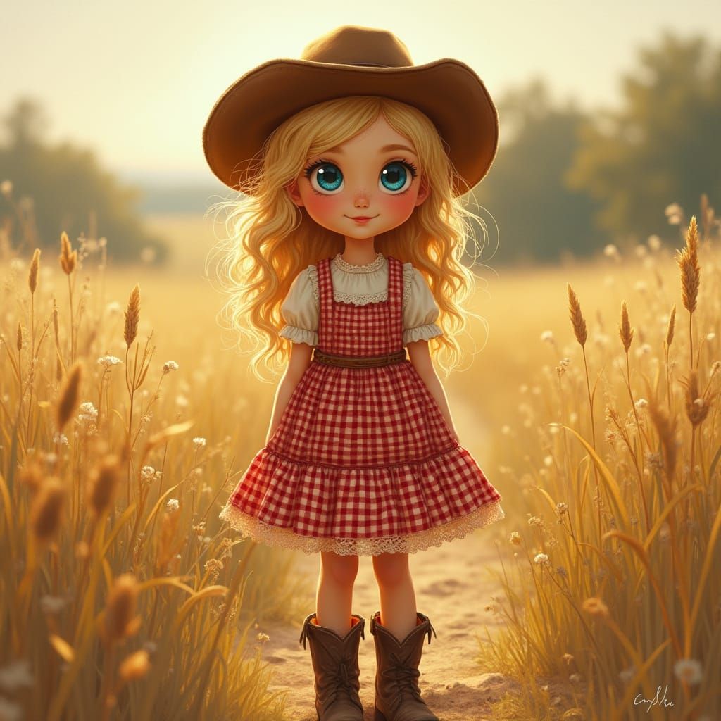 Country Girl in Gingham Dress and Cowboy Boots