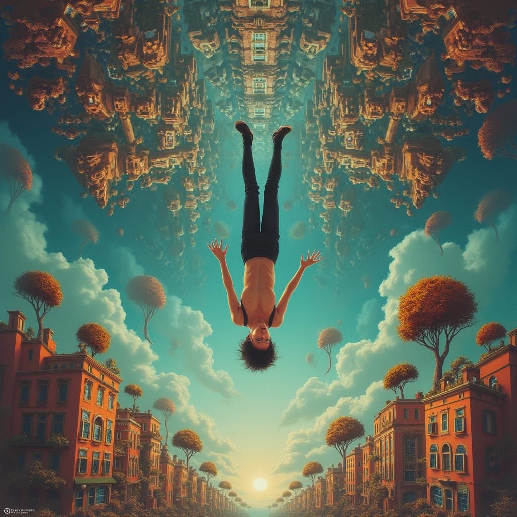 Surreal Upside Down Cityscape in Dreamlike Style