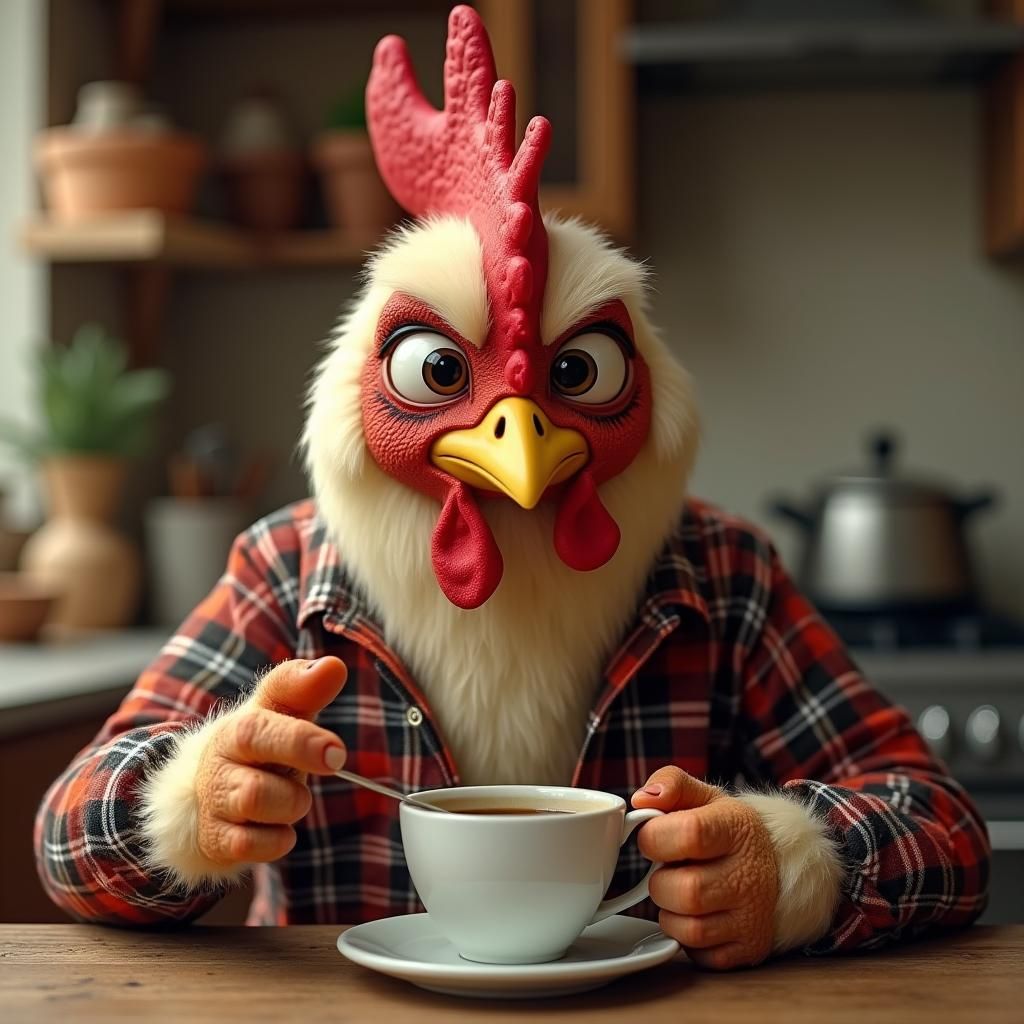 Annoyed Chicken Drinks Coffee in Rustic Kitchen