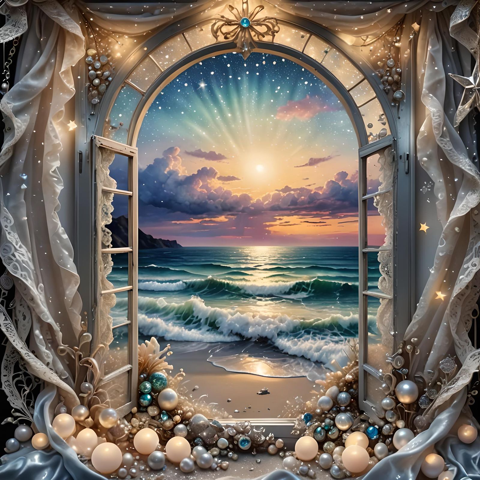 Luminous Seascape Through Crystal Window in Mixed-Media Styl...