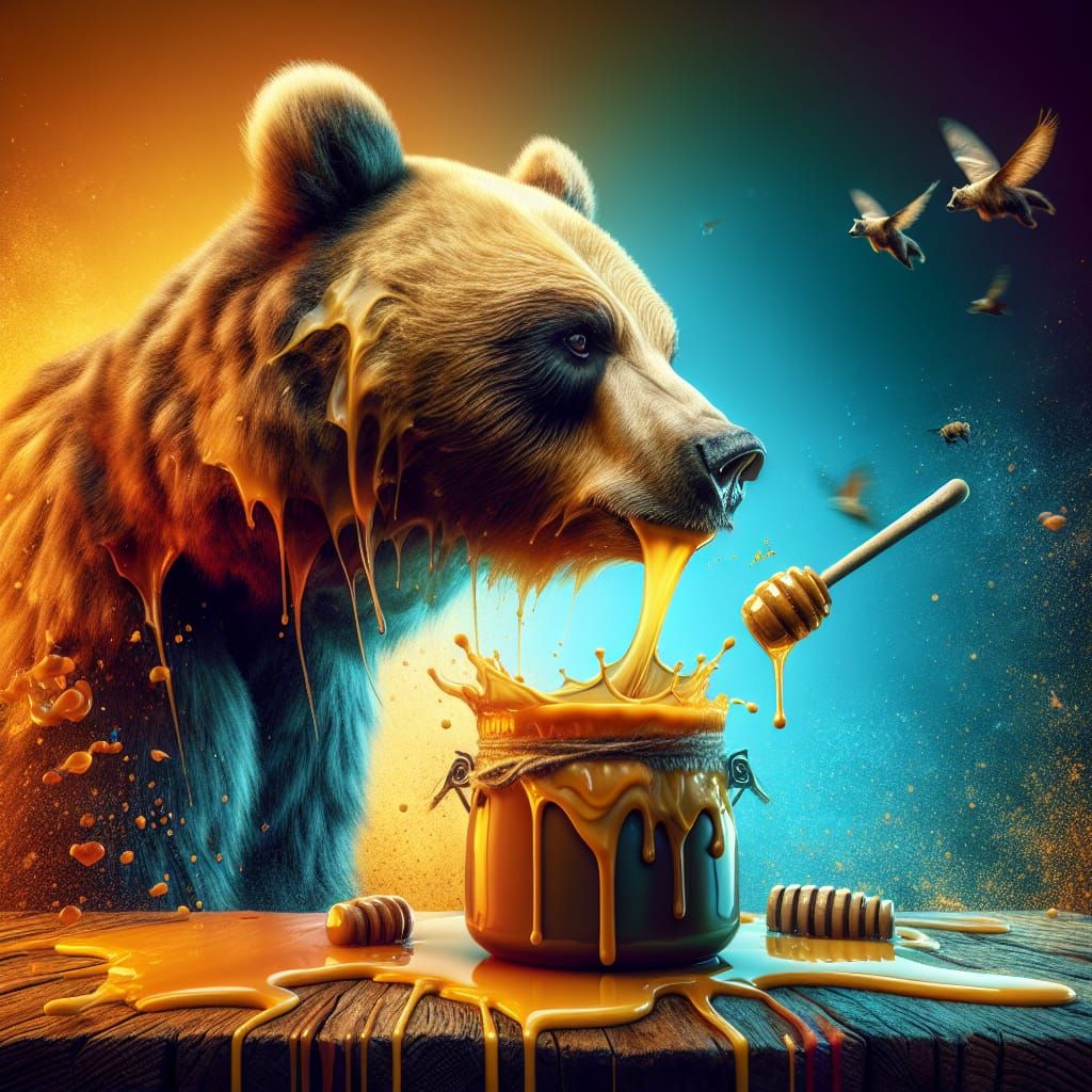 Honey Bear Enjoys Honey in Splash Art Style