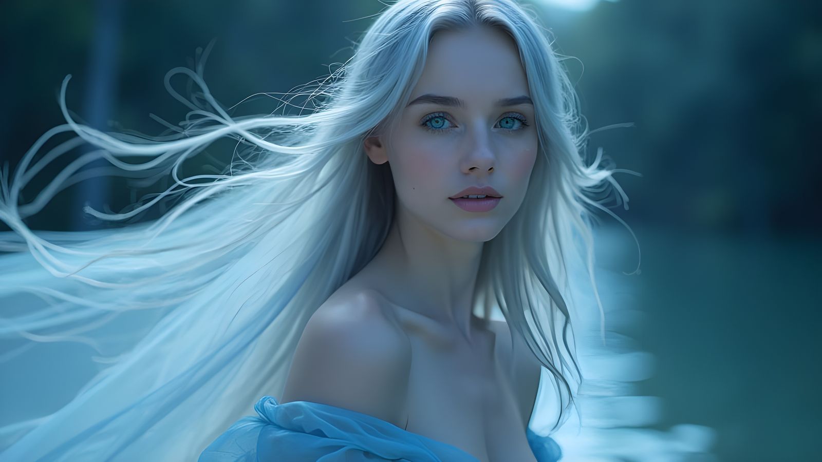 Elegant Woman with Silver Hair and Lilac Eyes