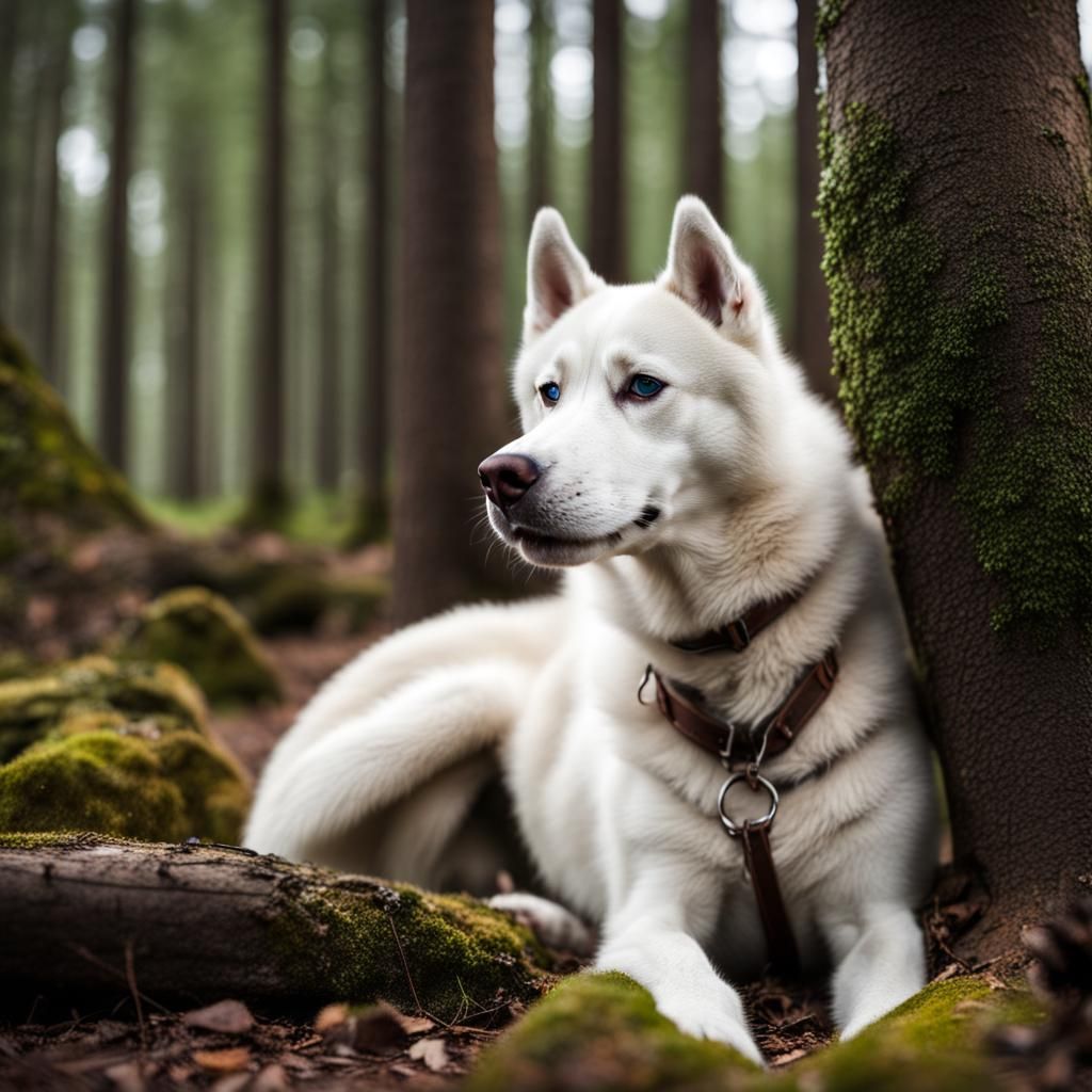 White Siberian Husky in a Lush Forest